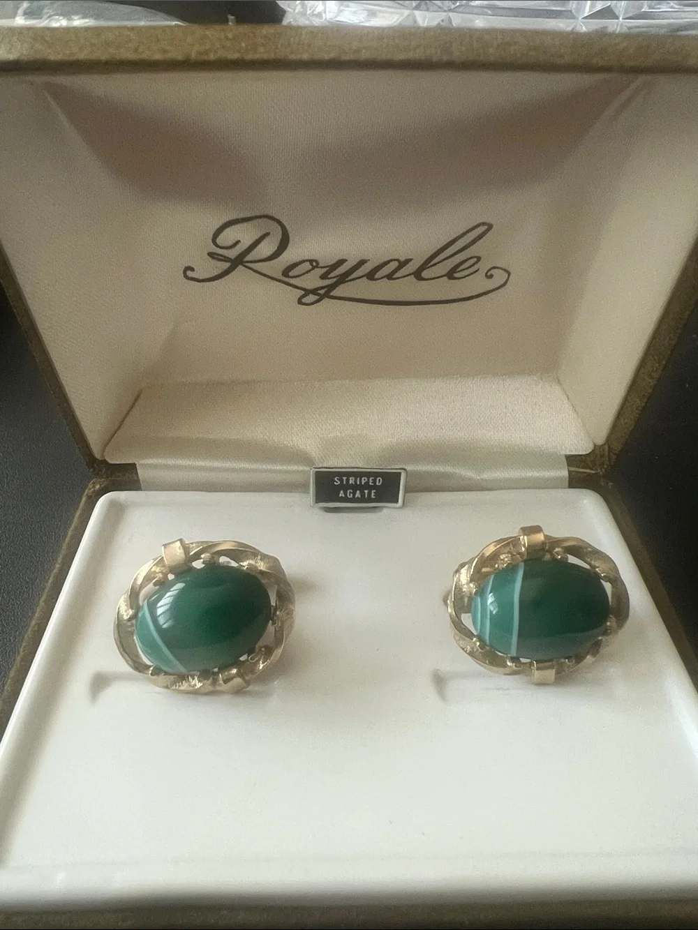 Green Striped Agate Gold-Tone Oval Earrings